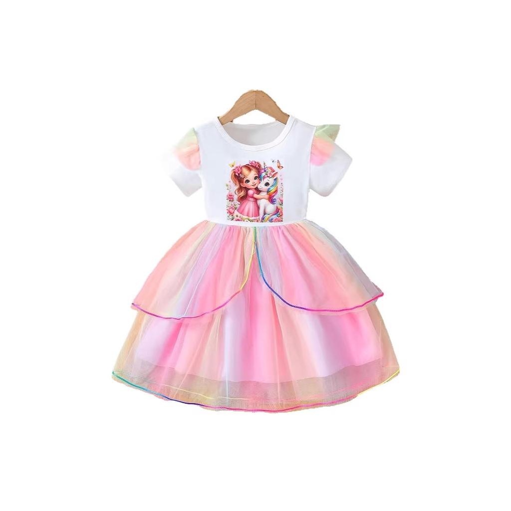 Girls Summer Short Sleeve Tulle Princess Dress with Cartoon Design