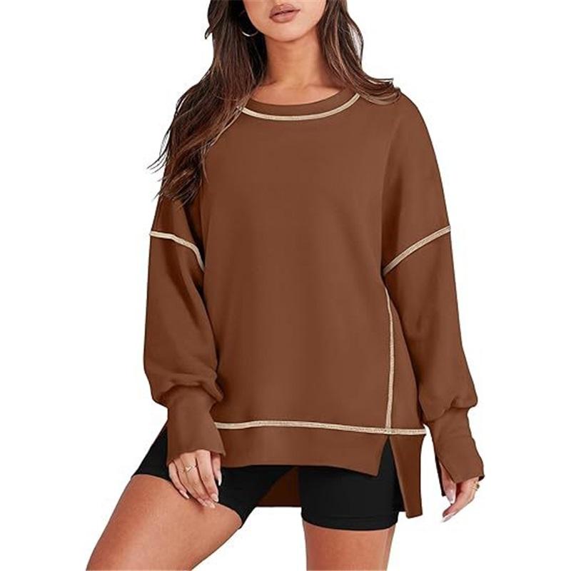 Europäischer und amerikanischer Stil Damen Lässiger lockerer Pullover Neuer lockerer Rundhals Farbblock Langarm-Oberteil