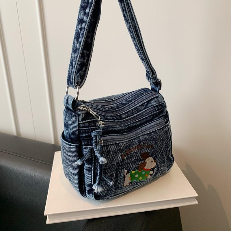 Cartoon Embroidered Denim Bag Women's Shoulder Crossbody Bag