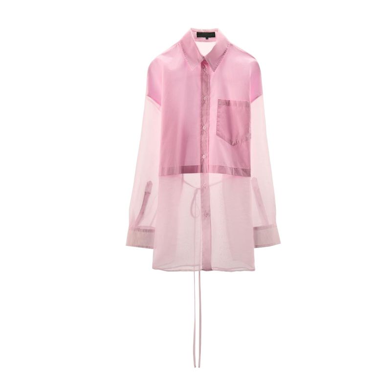 Spring and Summer New Women's Clothing Minimalist Bowknot Decoration Transparent Organza Patchwork Lapel Loose Shirt 5063023