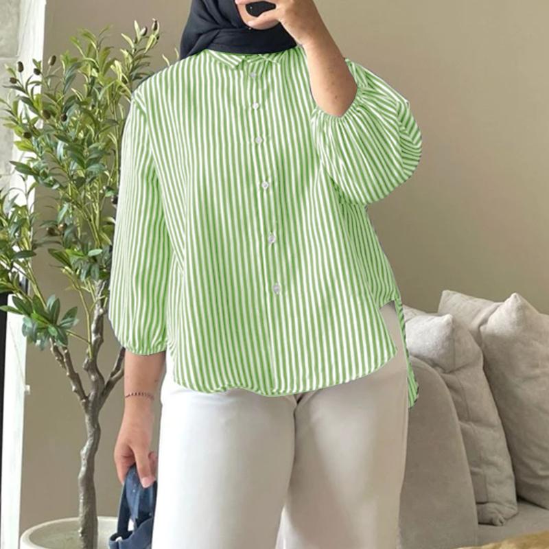 ZANZEA Women Turn Down Collar Loose 3/4 Sleeve Stripe Blouse