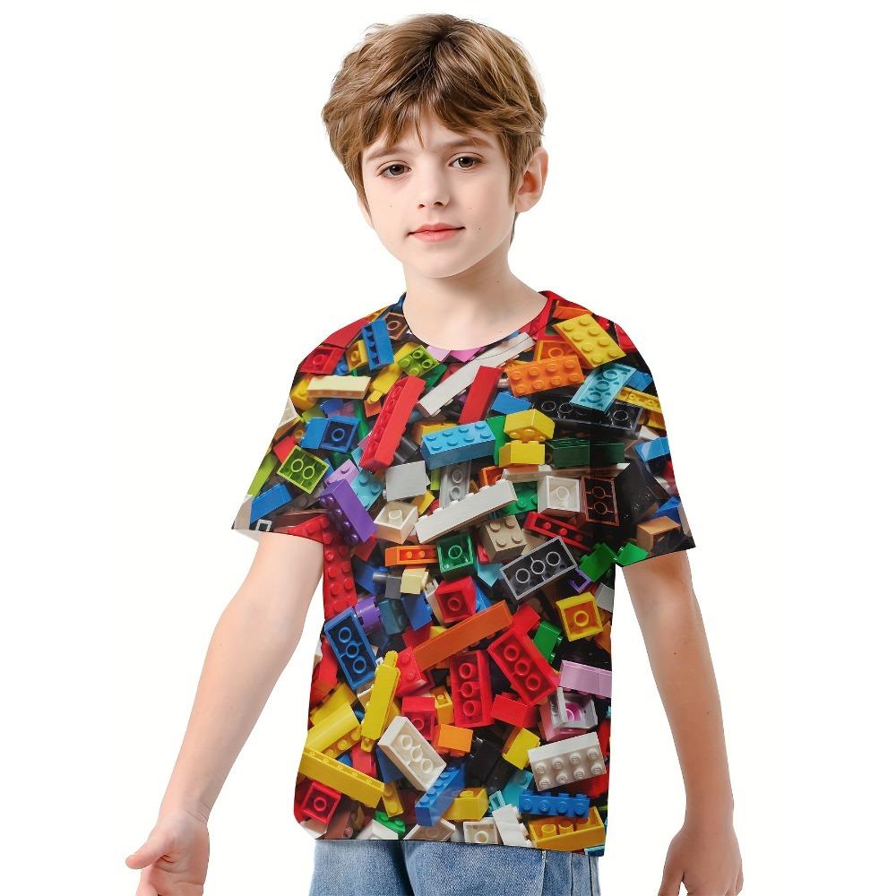 Kids Clothes Boys Short Sleeve T-Shirt Child T-Shirt Fashion Building Blocks 3D Print Children Top Summer Clothes Girls Clothes