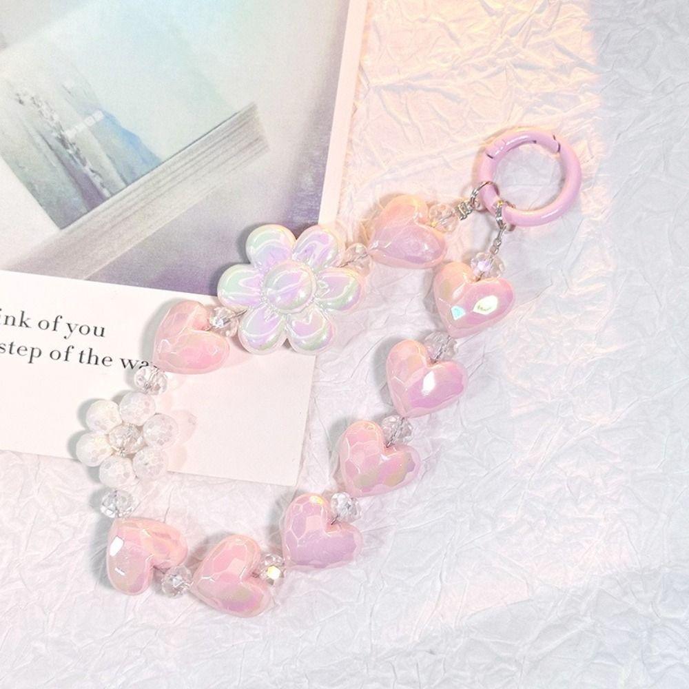 Heart Colorful Phone Lanyard Flower Keychain Crystal Phone Anti-lost Rope Colored Round Bead Cute Glitter Wrist Straps