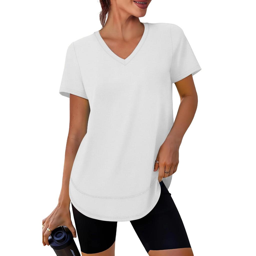 Women's Casual Loose-Fit Fashionable -Color Short-Sleeve V-Neck Pullover T-Shirt
