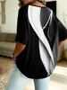 Black and white minimalist style geometric line printed T-shirt, V-neck bat sleeve design women's three-quarter sleeves