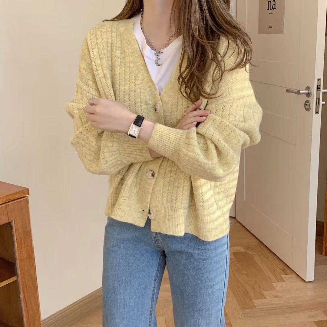 

Women s Loose Sweater Cardigan Early Spring Autumn Short Coat Lazy Style Korean Version Knitted Top Outerwear S жёлтый