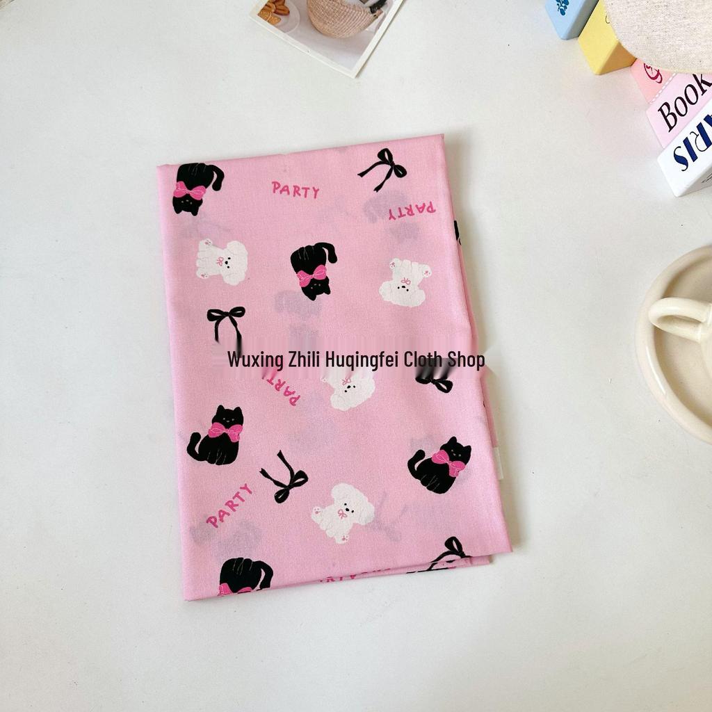 100% Cotton Digital Print Fabric: Korean-Style Kitten Bow & Floral Design for Women's, Children's, Family, and Homewear