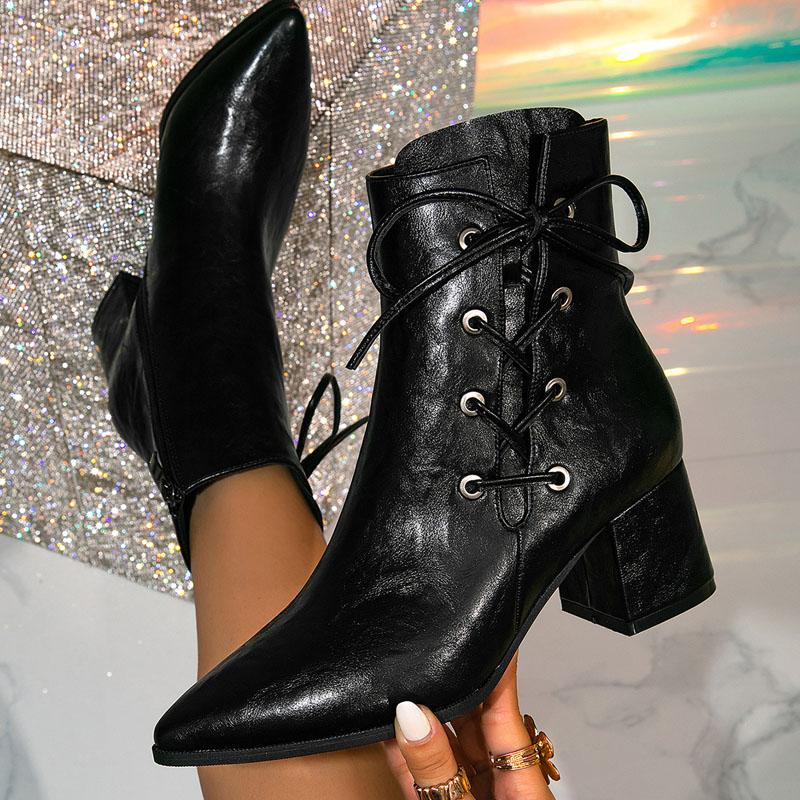 Eilyken Spring Design Fashion Pointed Toe Ankle Boot Women Square Heels Zipper Cross Strap Shoes Booties De Mujer