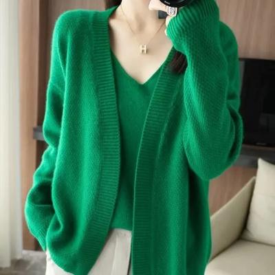 Women Spring Autumn Soft Knitted V-Neck Sweater Solid Color Warm Office Cardigan