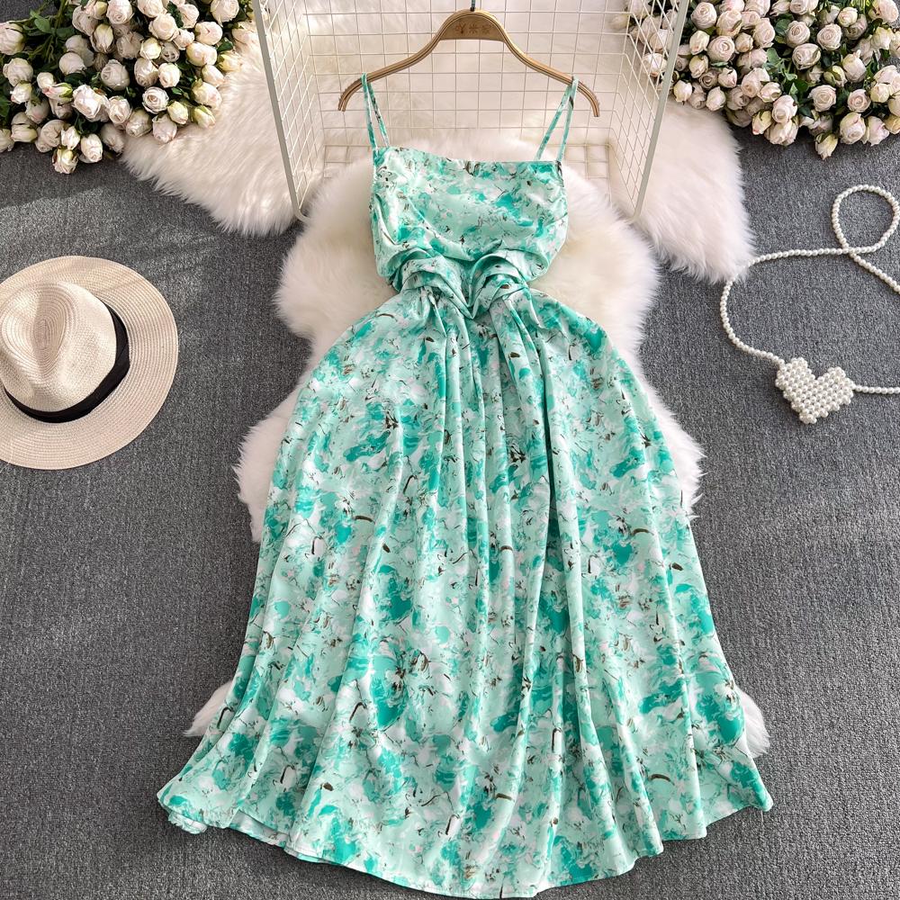 Beach Vacation Strapless Floral Camisole Dress  A Line Slim  Sleeveless Backless Dress for Summer