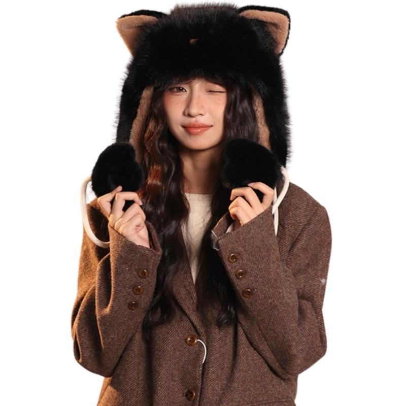 Animal Ear Plush Hat for Adult with Ear Flap Warm Furry Ushanka Hat Fashion Outdoor Activity Hat Windproof Trapper Hat чёрный