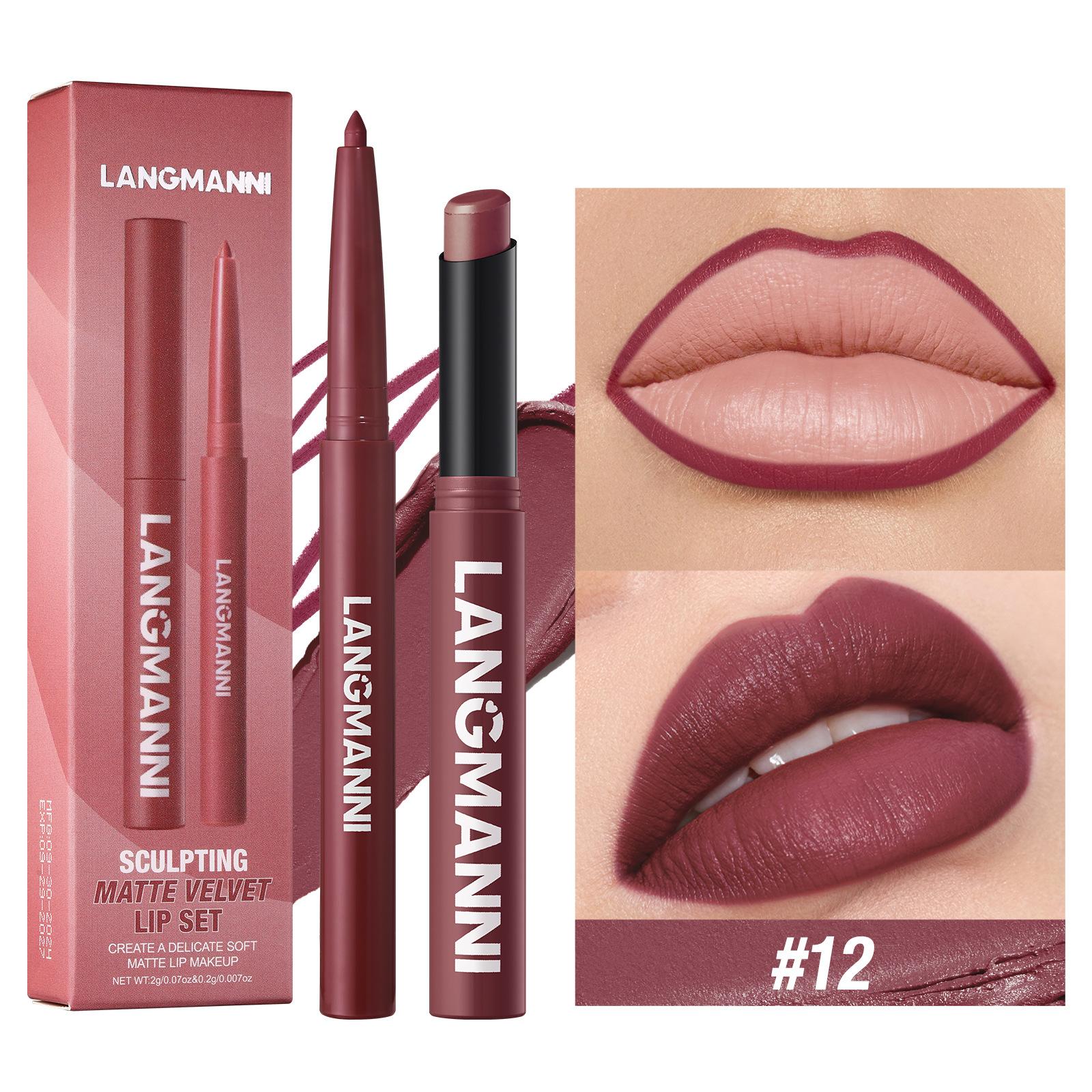 

Lip Liner & Lipstick Set, Matte and Moisturizing, Create Full Lips, Non-Stick Cup Long-Lasting Velvet Lipstick Pen Smooth Lipliner Waterproof Makeup