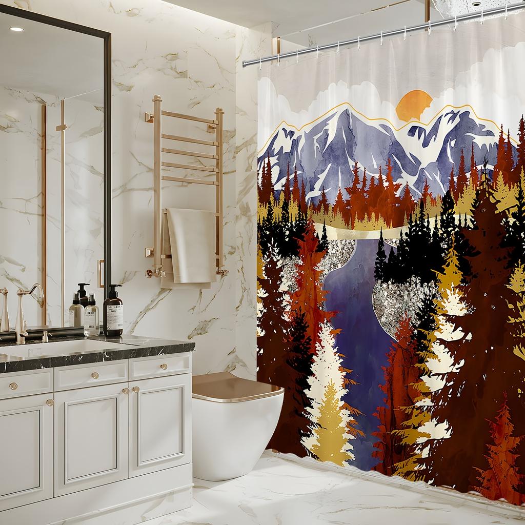 Mountain Landscape Shower Curtain - Majestic Pine Trees, Snowy Peaks, And Stunning Sunset For Scenic Bathroom Decor