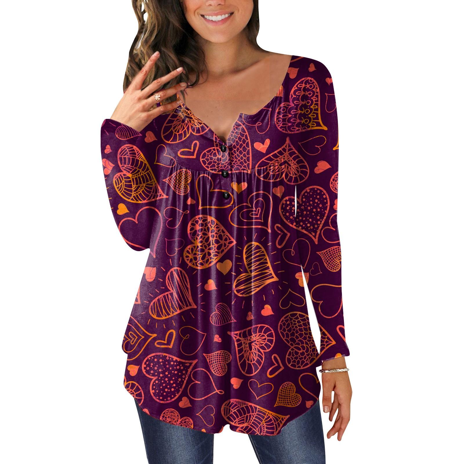 

Women s Casual Fashion Valentine s Day Print Long Sleeve V-Neck Pullover Top L фіолетовий