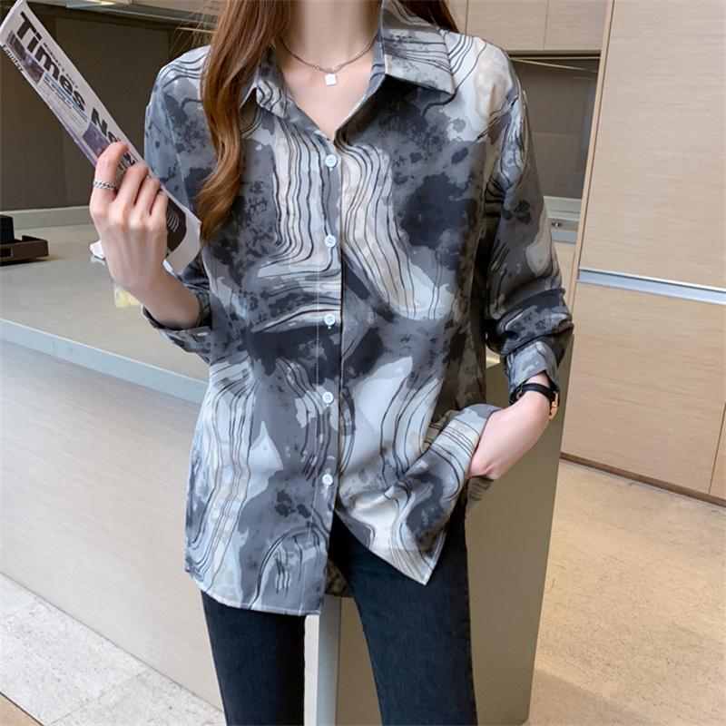 Jarní volné Dámská košile Ink Splash Print Košile s dlouhým rukávem Dámská košile s dlouhým rukávem Zapnout Neck Blusas Mujer De Moda 2022