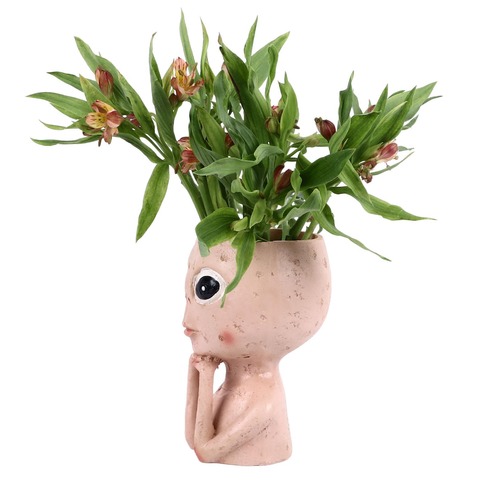 Head Planter Resin Unique Succulent Flower Pot Open Eyed Alien Face Planter Desktop Ornament with Drainage Hole for