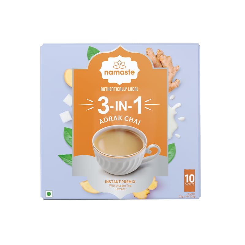 Namaste Chai Instant Tea Premix Adrak Chai | Assam | Ginger, Clove, Cinnamon, Nutmeg & Cardamom | Milk and Sugar | Ready Mix Powder |22g x 10 Sac