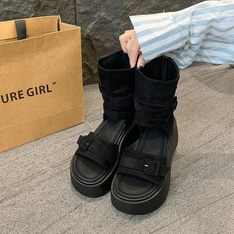 

Маффин толстоподошвенный увеличивающий рост набор сандалий с перемычкой для женщин 2025 новые летние ботинки западные ковбойские ботинки на наборном каблуке жмут ногу короткие ботинки 35 чёрный