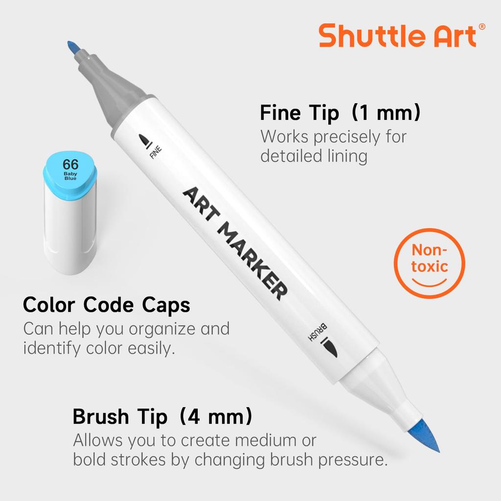 Shuttle Art Illustration Alcohol Twin Tip with Carrying Perfect for Coloring Art Adults Gift Markers, 24-Color Set, Brush-Type Markers, (Fine Tip),