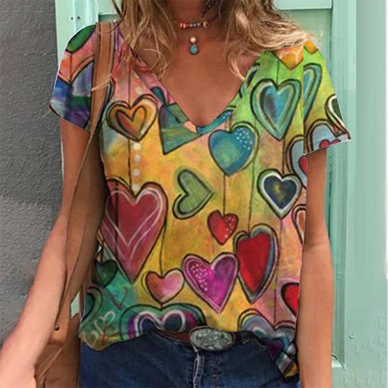 Colorful Street Retro Short Sleeved Girl V-neck Heart-shaped Top Women's T-shirt 3D Harajuku T-shirt