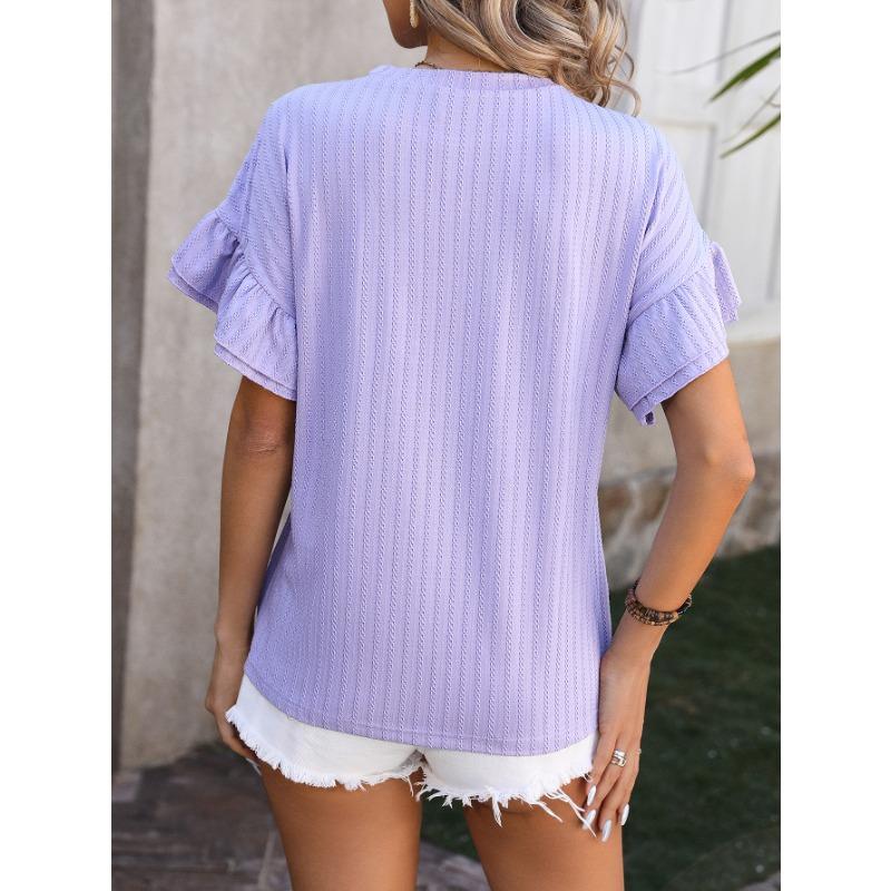 Spring and Summer Solid Color Round Neck Lotus Leaf Sleeve Short Sleeved Women's T-shirts Top