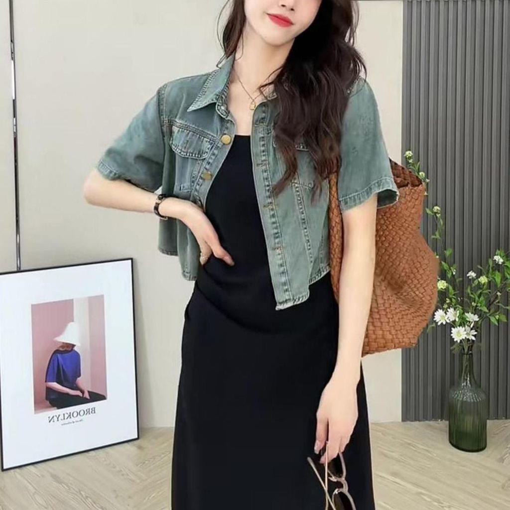 Women's Summer Retro Casual Suit: Short Sleeve Denim Jacket & Camisole Dress Set