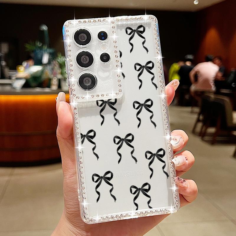 Diamantový měkký kryt s potiskem mašle pro Samsung Galaxy S25 Edge S24 S23 S22 Ultra S24 FE A56 A55 A54 A36 A35 A15 A16 A26 Kryt na telefon