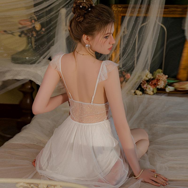 Robe Set Women's Home Wear Mesh Lace Patchwork Backless Nightgown with Breast Pad Solid Color Sexy Pajamas for For Women
