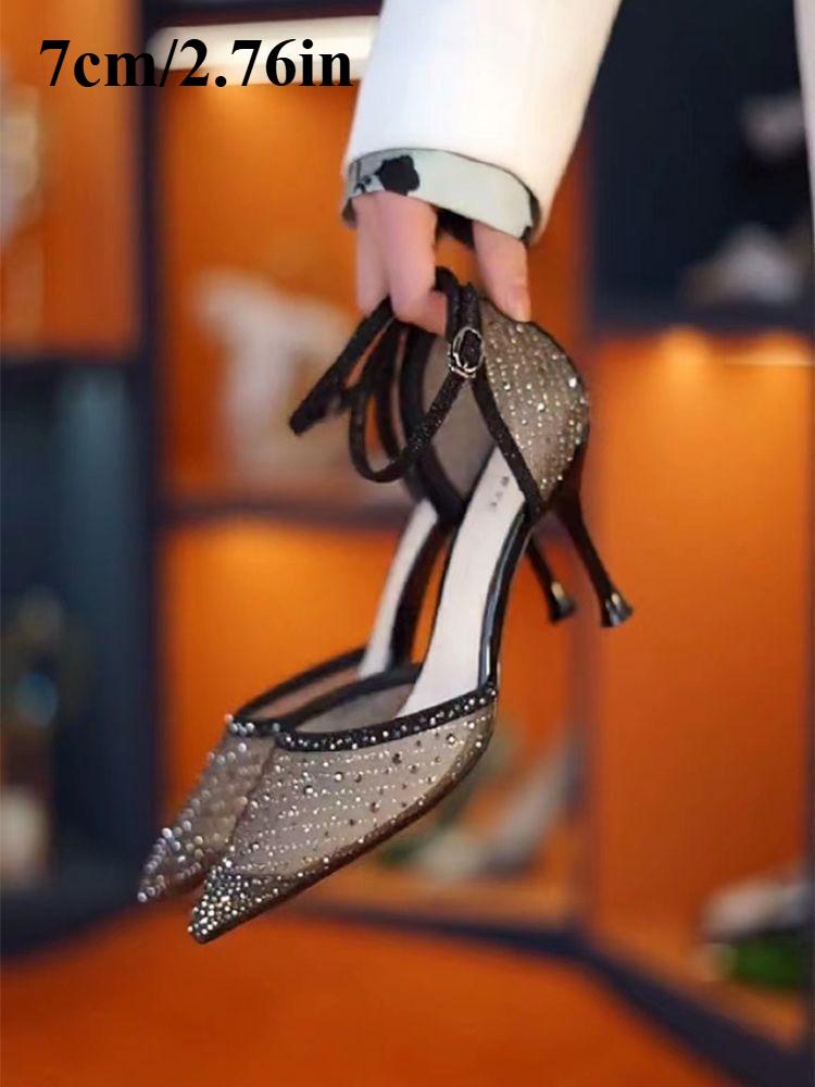 

Women s pointed head rhinestone fine heel hollow single shoes summer a word with high heel Baotou sandals 40 чорний