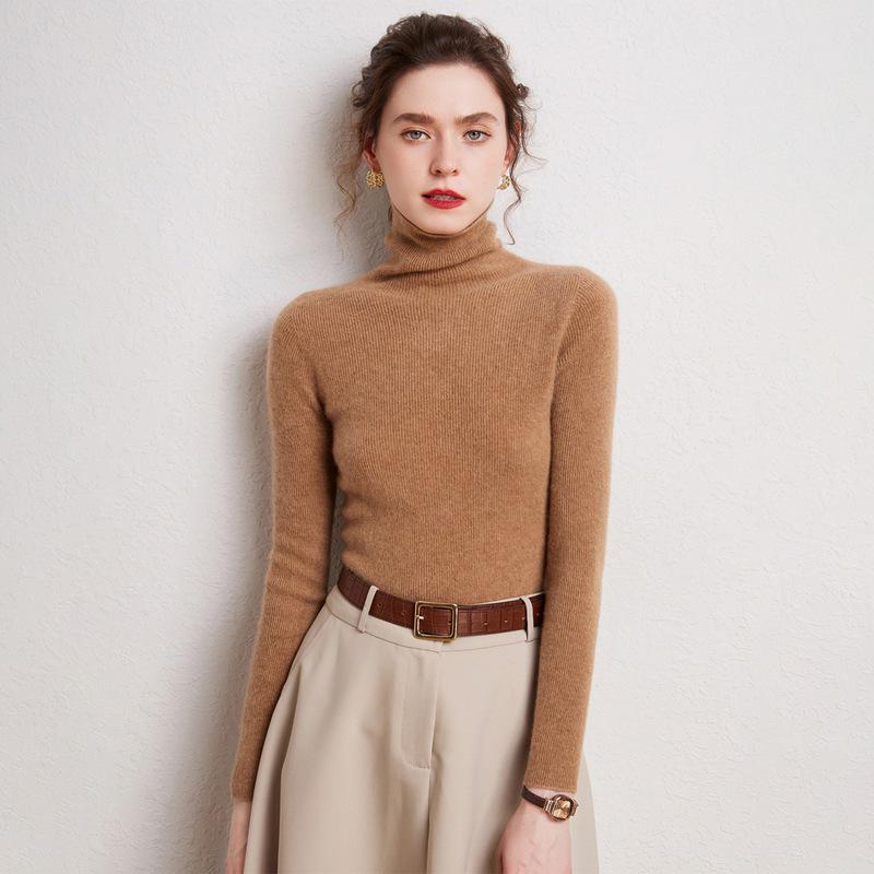 Women's 100% Pure Cashmere High Neck Seamless Turtleneck Sweater - Slim Fit Autumn Winter Knitwear
