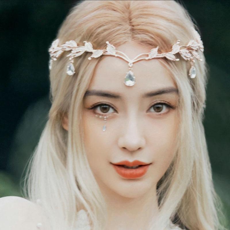 Korean Style Bridal Crown Leaf Water Drop Alloy Eyebrow Pendant Crown Baroque Princess Headband Retro Rhinestone Hair Accessories