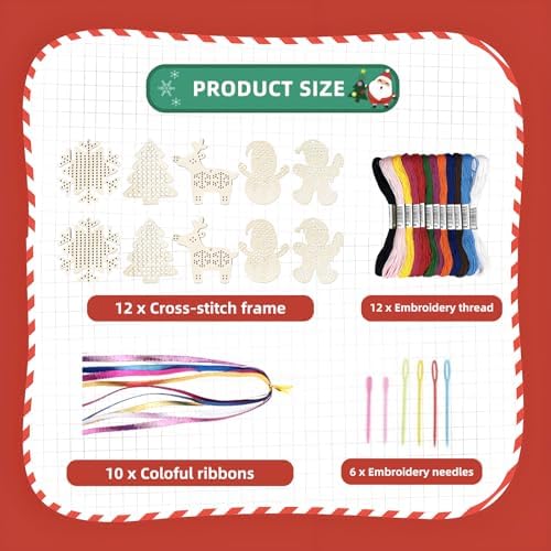 PIujsym Christmas Cross Stitch Kit for Kids - 12 Wooden Ornaments Embroidery Set with Thread, Needles & Ribbons, Creative DIY Craft Sewing Kit