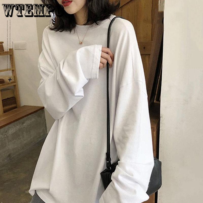 WTEMPO Spring Autumn Solid Simple O-Neck T-Shirts Harajuku Long Tops Women Casual White Yellow Long Sleeve Kawaii Tops