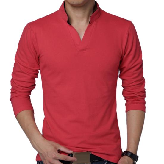 Solid Color Men Plus Size Stand Collar V Neck Long Sleeve T-Shirt Slim Fit Top