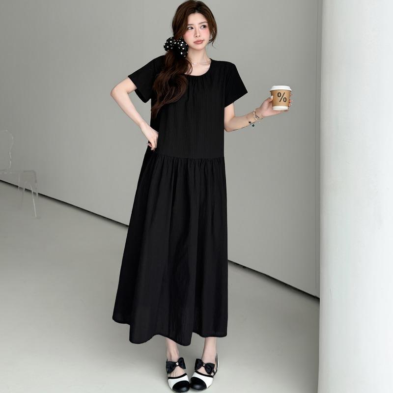 DIMANAF 2026 Summer New Plus Size Women Elegant French Style O-Neck Short Sleeve Cotton Maxi Long Dress Black