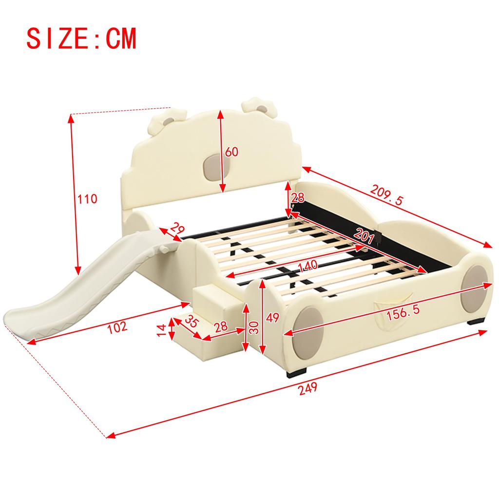 Polsterbett Kinderbett 140x200cm Cartoon Bett LED-Farbwechsellicht Rutsche Leiter Erwachsene Jugend PU-Material Ohne Matratze Beige
