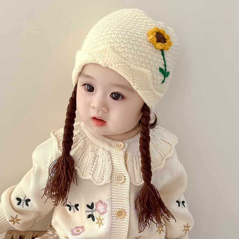 Ciepła dzianinowa czapka dla niemowląt, wiatroszczelna, chroniąca uszy, urocze warkocze z wełny, czapka dla dzieci