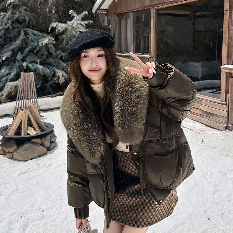 Chic Winter Women Jacket Korean Style Faux Fur Collar Slim Fit Warm Padded Coat Fashionable Outwear