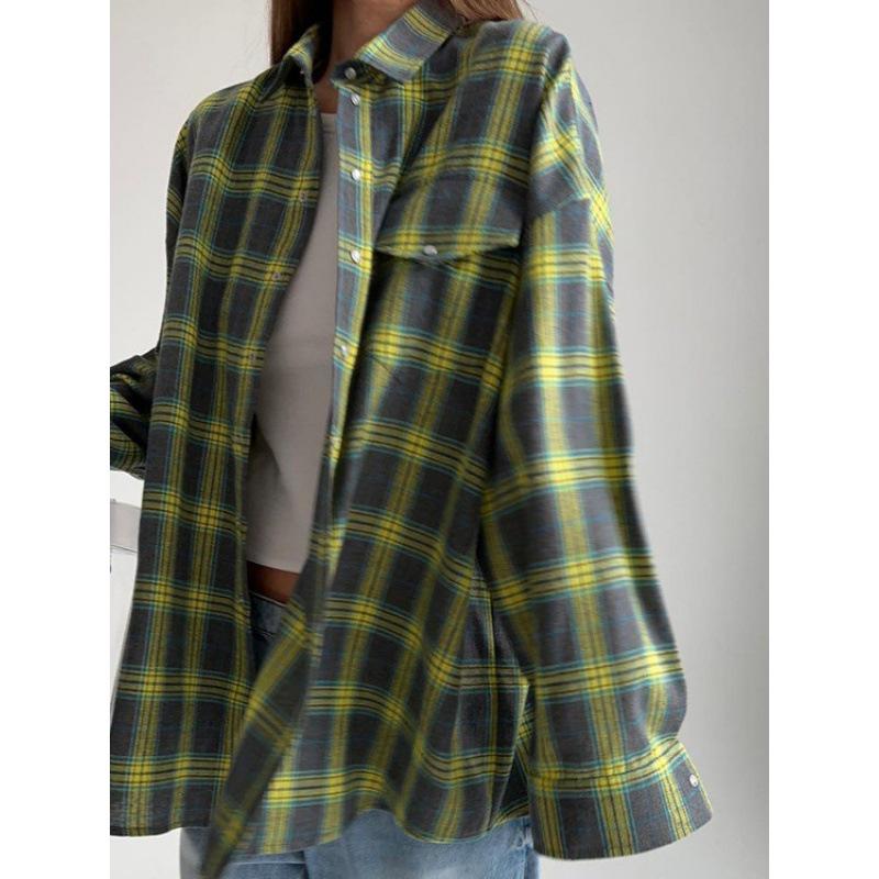 OZON Women's Retro Plaid Stripe Long Sleeve Shirt with Pocket for Spring, Autumn, Winter 2024