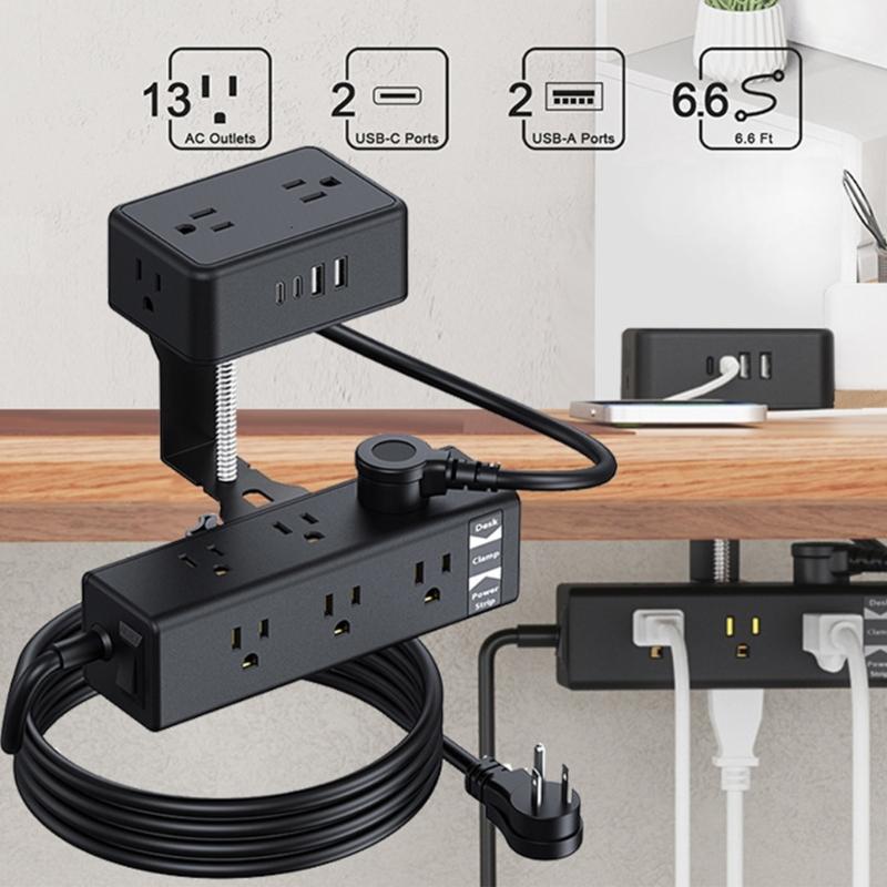 Clamp Mounted Power Strips 13AC Outlets 4 USB Port 20WPD Fast Charging Safety Protections 2M Cord ABS Materials Build