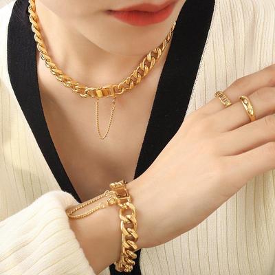 Exaggerated 18K Gold-Plated Titanium Steel Cuban Necklace & Bracelet Set - European/American Hip Hop Style