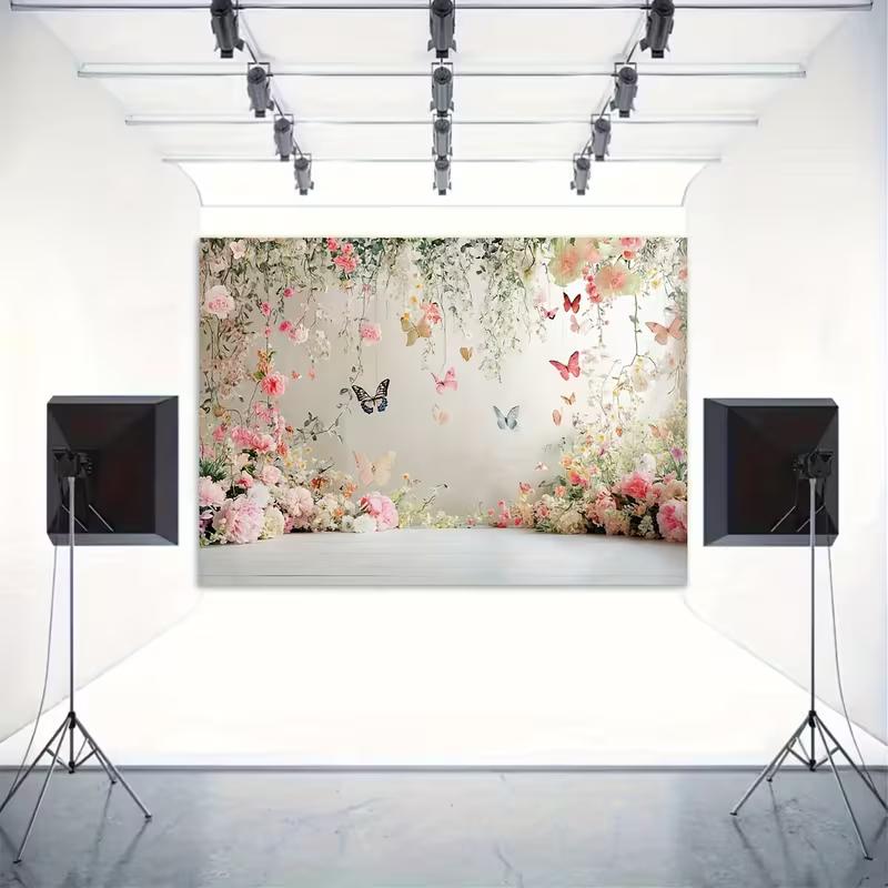 2D Pastel Floral Backdrop, Delicate Hanging Flowers and Colorful Butterflies
