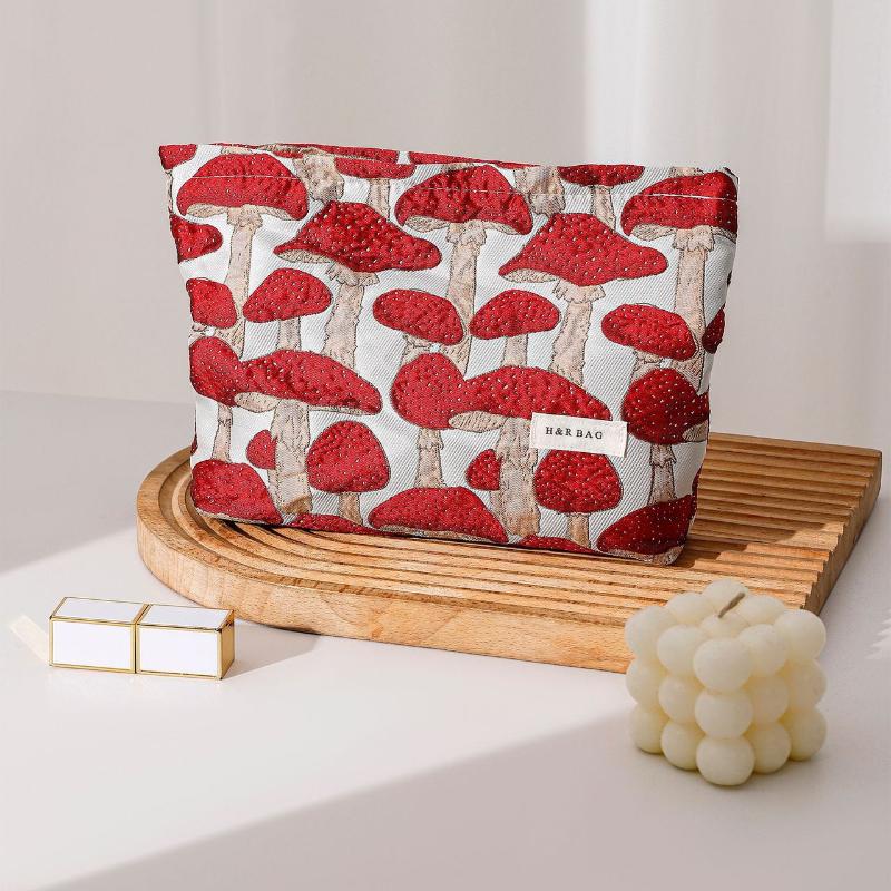 Retro Artistic Mushroom Jacquard Fabric Makeup Bag, Women'S Clutch Bag, Zippered Square Bag, Toiletry Bag