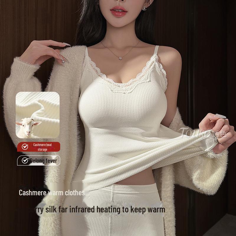 

Women s Seamless Thermal Underwear with Lace Straps, Built-in Pads, No Bra Needed, Ideal for Layering and Body Shaping