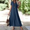 Women's Fashion V-Neck Short Sleeve Solid Color Zipper Casual Vacation Long Dress Cotton Linen Dresses