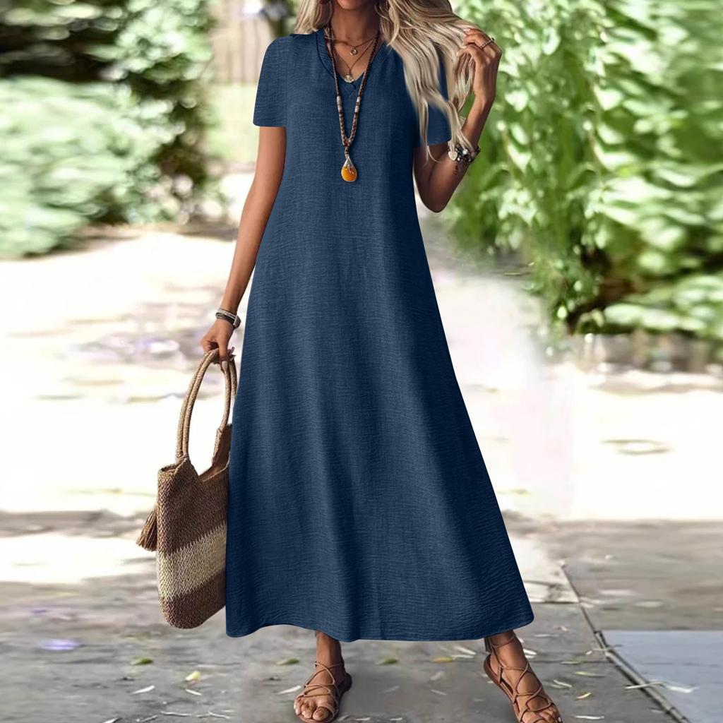 Women's Fashion V-Neck Short Sleeve Solid Color Zipper Casual Vacation Long Dress Cotton Linen Dresses