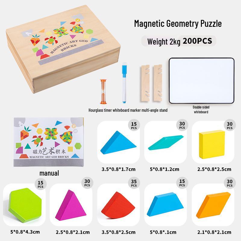 Magnetic Geometric Building Blocks: Children's Educational Wooden Puzzle for Early Learning and Parent-Child Interaction.