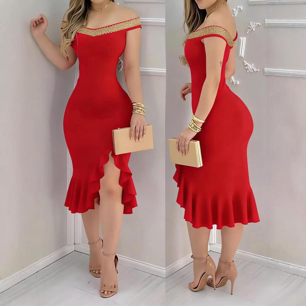Elegant European One-Shoulder Sequin Ruffle Dress