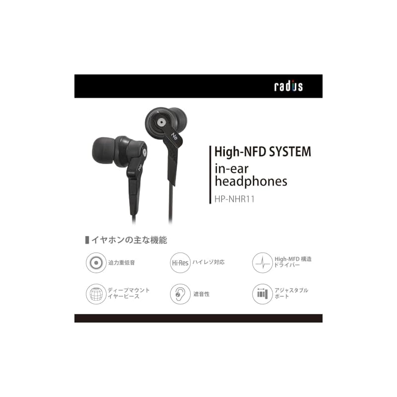 Radius HP-NHR11 High-Resolution Audio Earphones: New ear's VOLT series standard model with heavy bass, featuring a High-MFD structure driver, wired,
