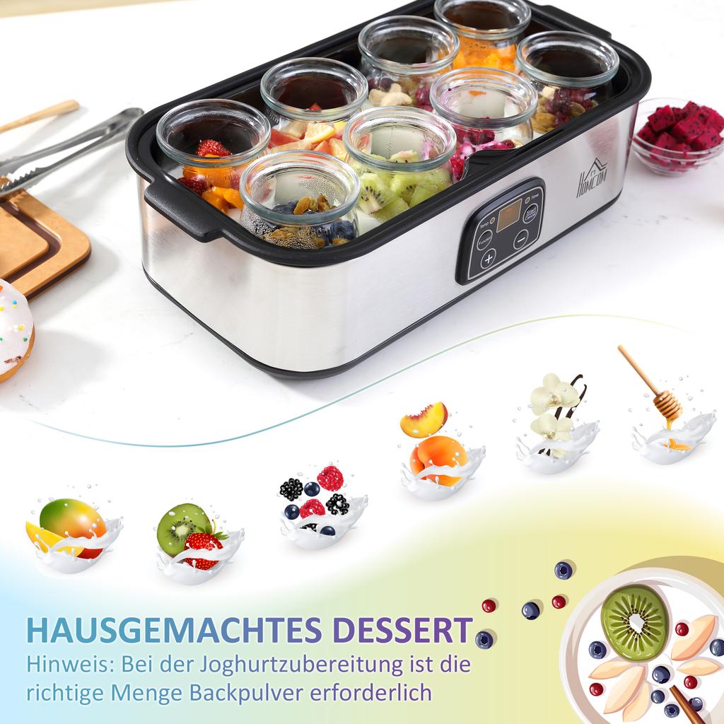 Joghurtbereiter, Griechischer Joghurtbereiter mit Deckel, 8 BPA-freie Glas-Innenbehälter à 180 ml, Joghurtbereiter mit LCD-Display-Timer